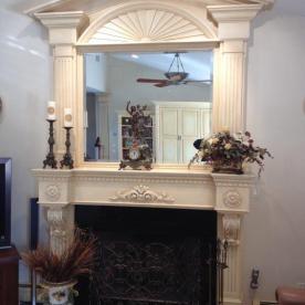 1850's era farmhouse renovation., new wood burning fireplace with custom, original designed surround and  mantel pediment